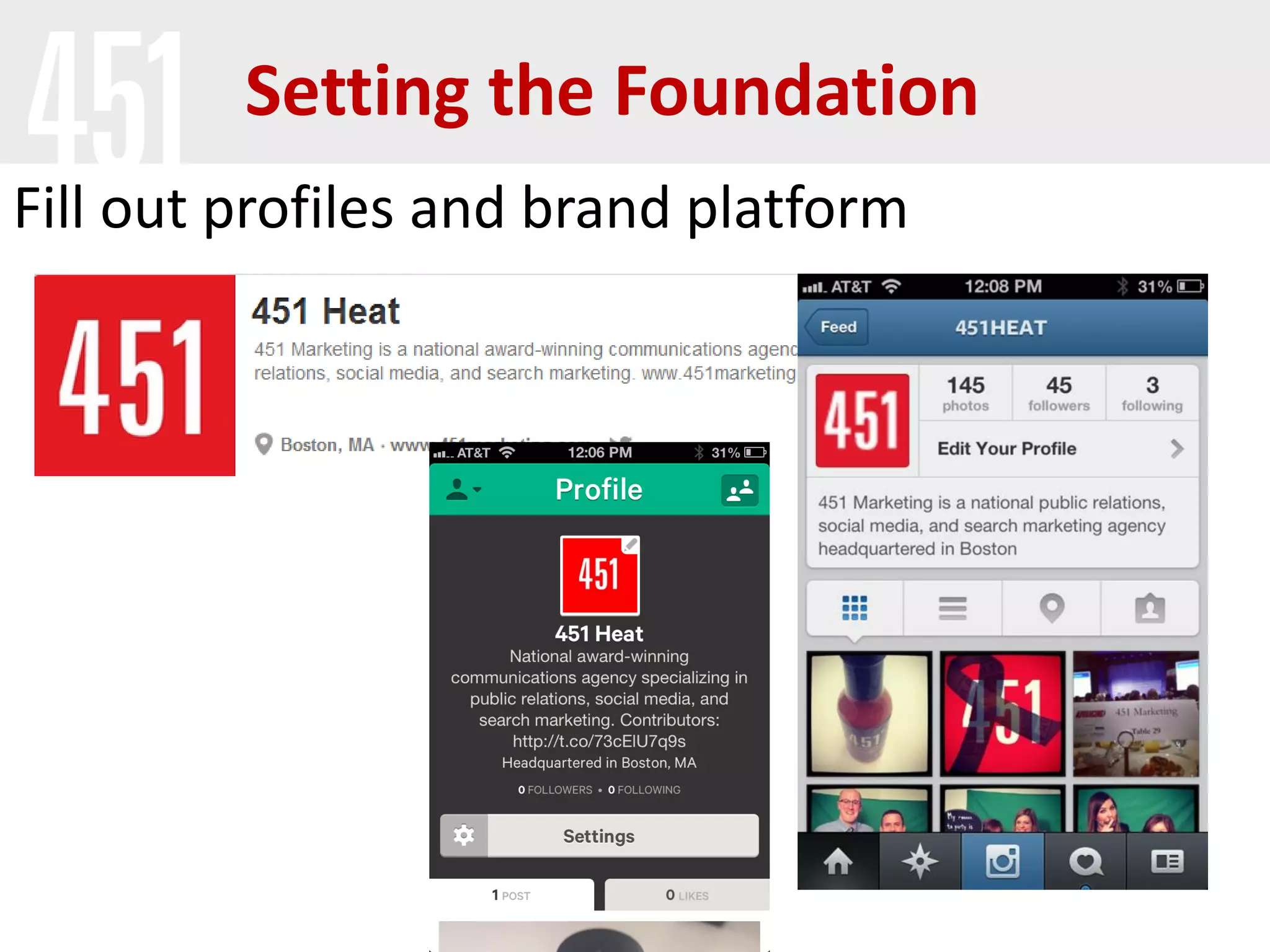 Setting the Foundation
Fill out profiles and brand platform
 