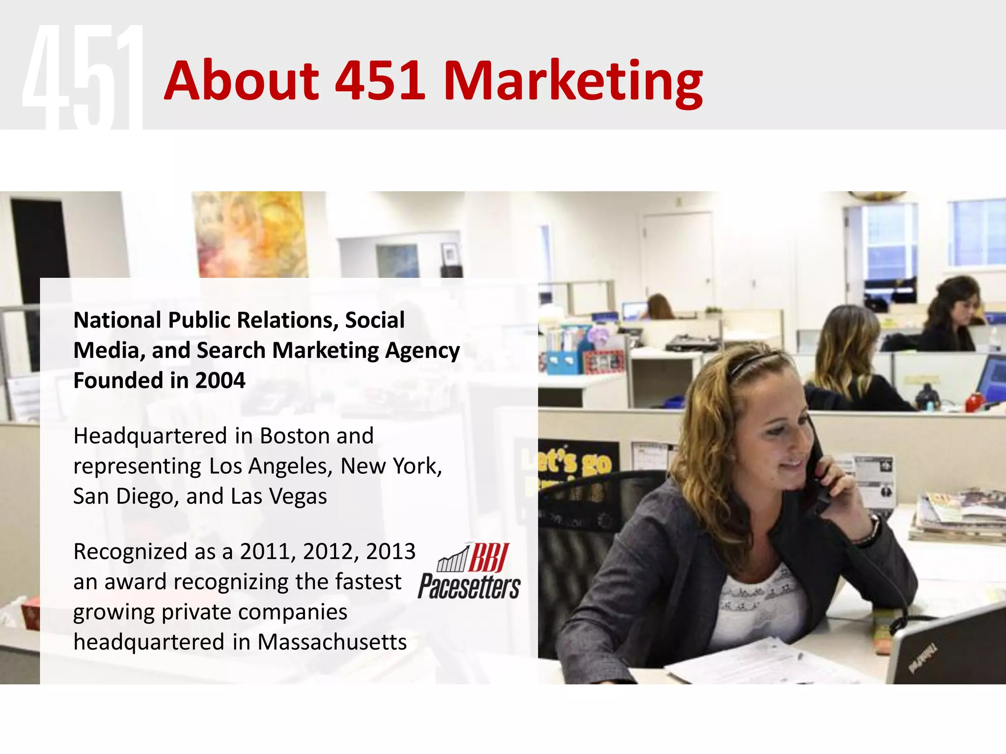 National Public Relations, Social
Media, and Search Marketing Agency
Founded in 2004
Headquartered in Boston and
representing Los Angeles, New York,
San Diego, and Las Vegas
Recognized as a 2011, 2012, 2013
an award recognizing the fastest
growing private companies
headquartered in Massachusetts
About 451 Marketing
 
