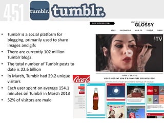 • Tumblr is a social platform for
blogging, primarily used to share
images and gifs
• There are currently 102 million
Tumb...