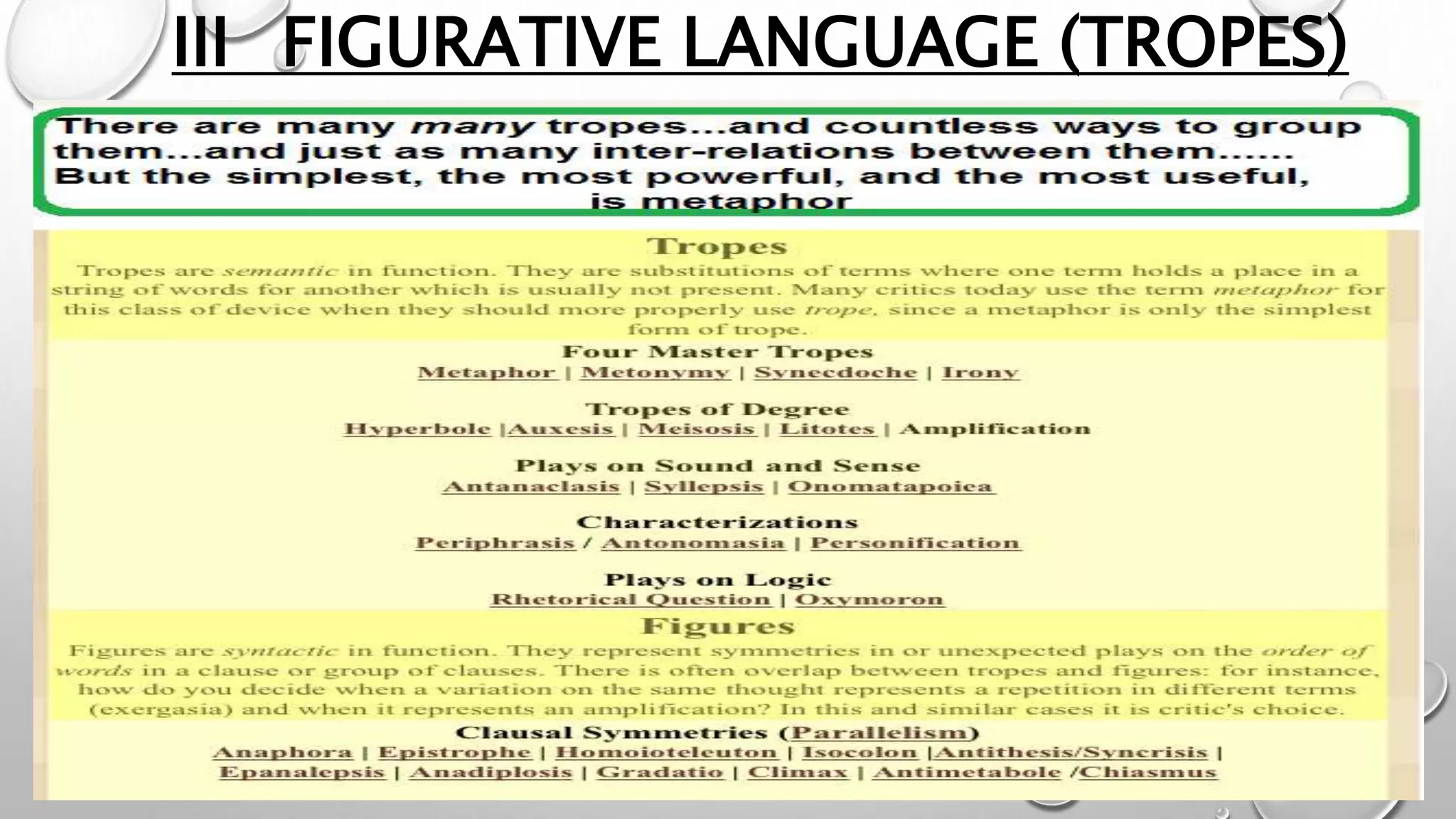 III FIGURATIVE LANGUAGE (TROPES)
 