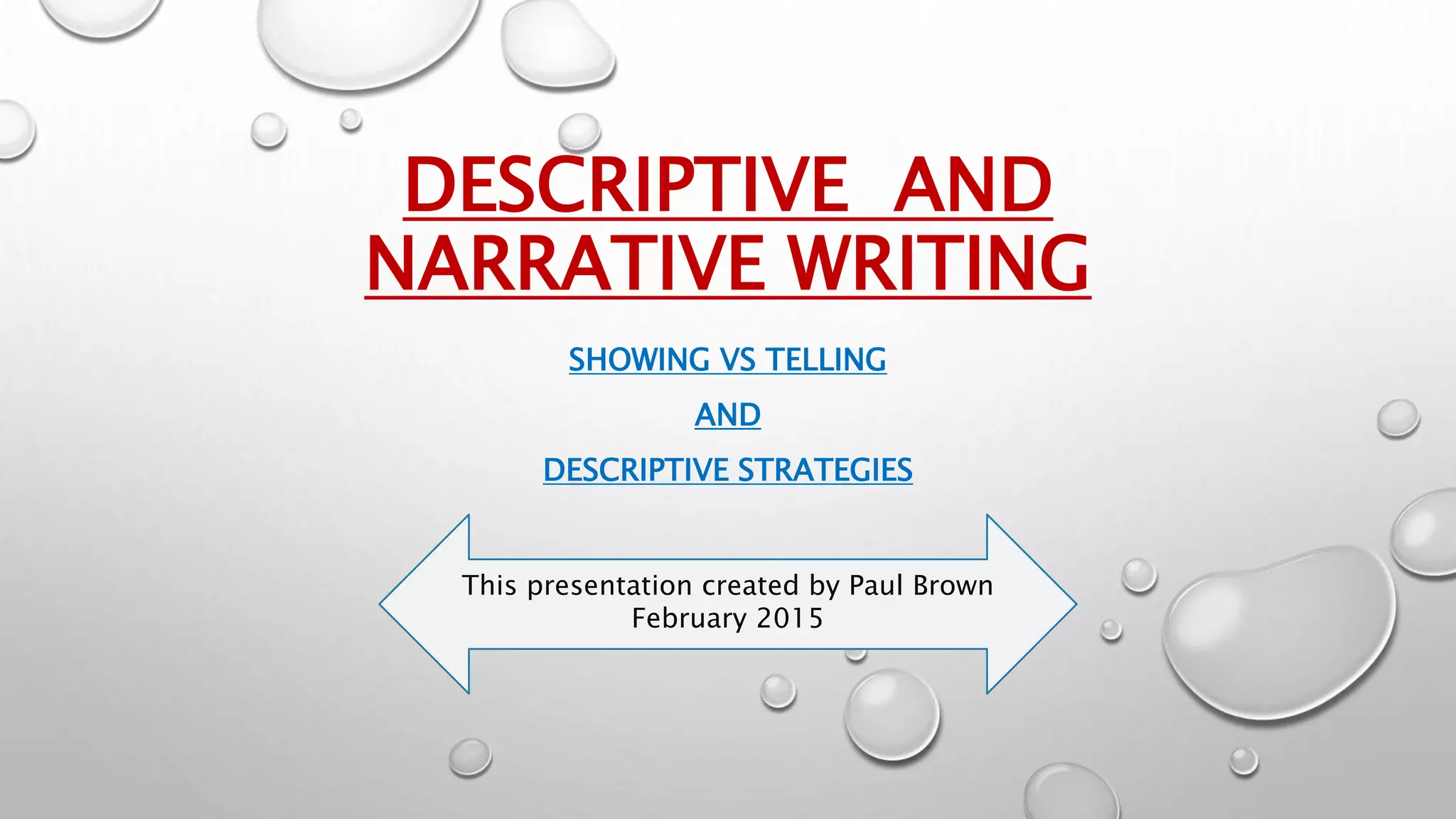 DESCRIPTIVE AND
NARRATIVE WRITING
SHOWING VS TELLING
AND
DESCRIPTIVE STRATEGIES
This presentation created by Paul Brown
February 2015
 