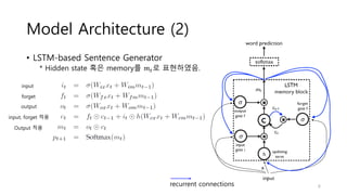 Model Architecture (2)
• LSTM-based Sentence Generator
* Hidden state 혹은 memory를 𝑚 𝑡로 표현하였음.
input
forget
output
input, forget 적용
Output 적용
recurrent connections 6
 