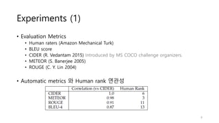 Experiments (1)
• Evaluation Metrics
• Human raters (Amazon Mechanical Turk)
• BLEU score
• CIDER (R. Vedantam 2015) Introduced by MS COCO challenge organizers.
• METEOR (S. Banerjee 2005)
• ROUGE (C. Y. Lin 2004)
• Automatic metrics 와 Human rank 연관성
8
 