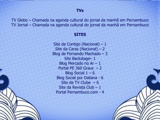TVs TV Globo – Chamada na agenda cultural do jornal da manhã em Pernambuco TV Jornal – Chamada na agenda cultural do jornal da manhã em Pernambuco SITES Site da Contigo (Nacional) – 1 Site da Caras (Nacional) – 2 Blog de Fernando Machado – 3 Site Backstage– 1 Blog Mercado no Ar – 1 Portal PE 360 Graus  – 2 Blog Social 1 – 6 Blog Social por Daliana - 6 Site da TV Clube  – 6 Site da Revista Club – 1 Portal Pernambuco.com - 4 