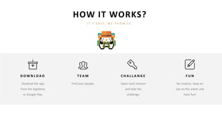 HOW IT WORKS?
I T ’ S E A S Y, W E P R O M I S E .
D O W N L O A D T E A M C H A L L A N G E F U N
Dowload the app
from the AppStore
or Google Play.
Find your people. Open each mission
and take the
challenge.
Be creative, keep an
eye on the watch and
have fun!
 