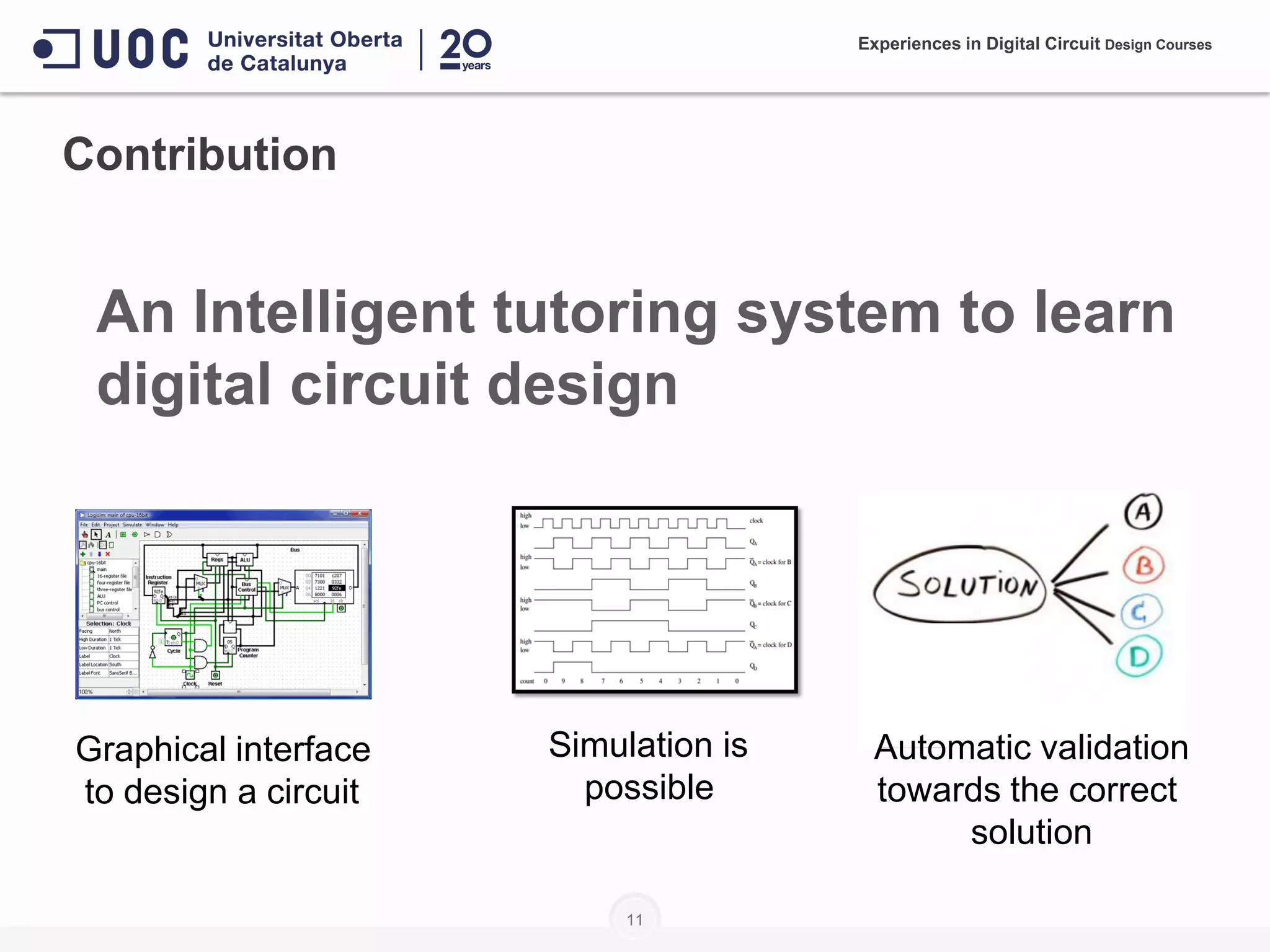 11
Contribution
An Intelligent tutoring system to learn
digital circuit design
Simulation is
possible
Graphical interface
to design a circuit
Automatic validation
towards the correct
solution
Experiences in Digital Circuit Design Courses
 
