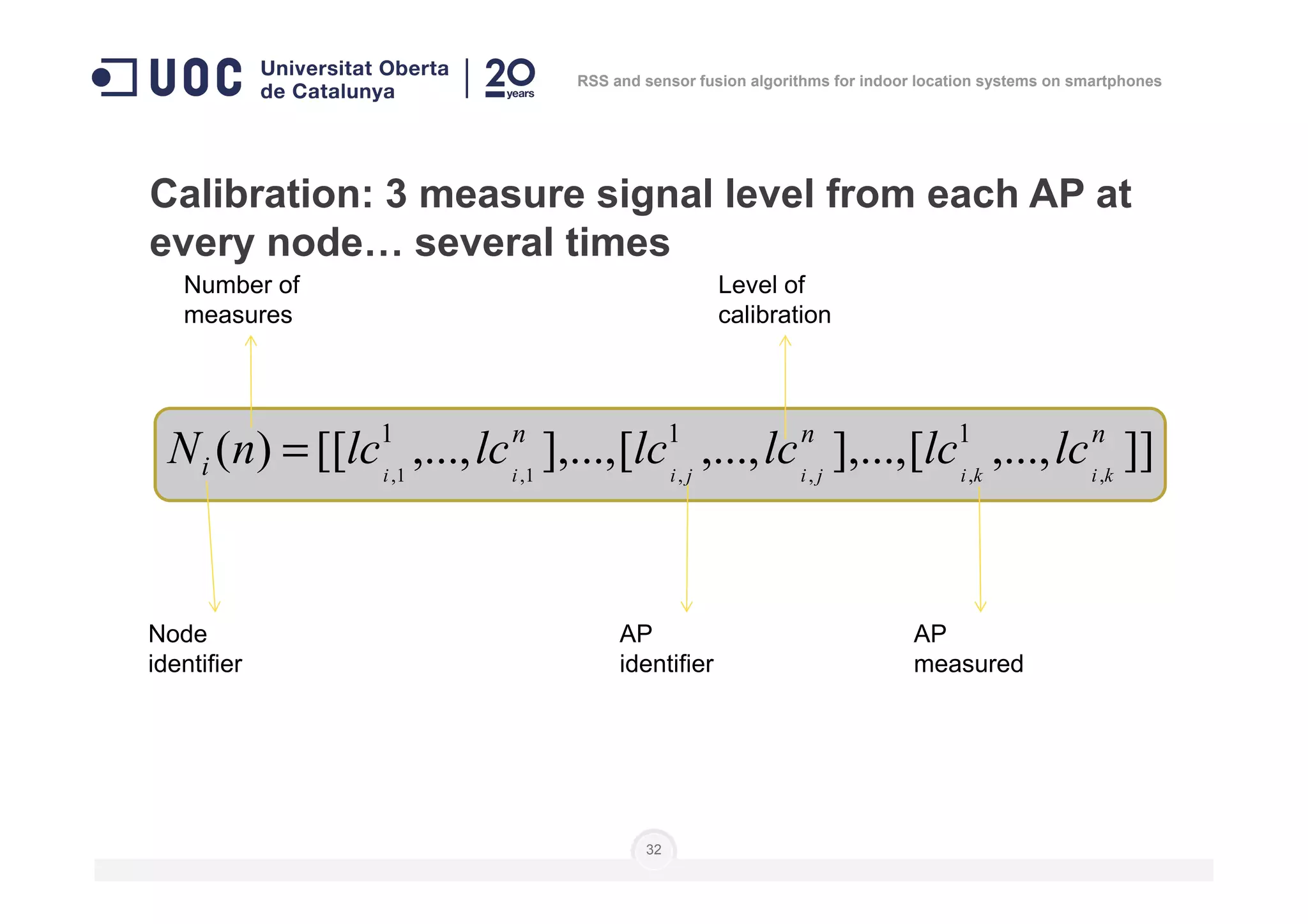 Calibration: 3 measure signal level from each AP at
every node… several times
]],...,[],...,,...,[],...,,...,[[)( 111 nnn
i lclclclclclcnN =
Number of
measures
Level of
calibration
RSS and sensor fusion algorithms for indoor location systems on smartphones
32
]],...,[],...,,...,[],...,,...,[[)( ,,,,1,1,i kikijijiii
lclclclclclcnN =
Node
identifier
AP
identifier
AP
measured
 
