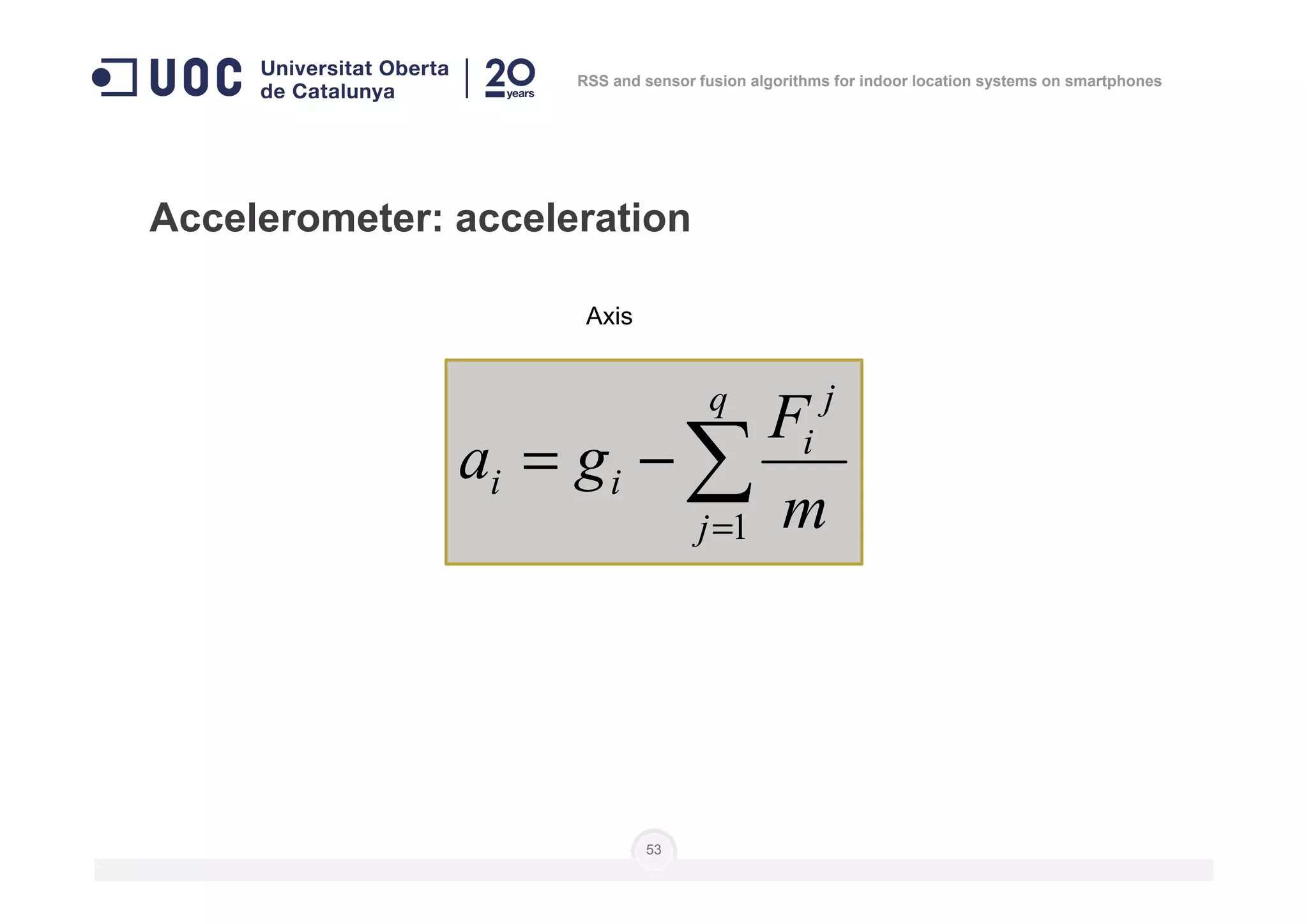 Accelerometer: acceleration
Axis
∑−=
q j
i
ii
F
ga
RSS and sensor fusion algorithms for indoor location systems on smartphones
53
∑=
−=
j
ii
m
ga
1
 