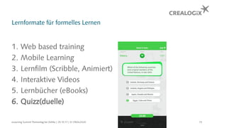 Lernformate für formelles Lernen
1. Web based training
2. Mobile Learning
3. Lernfilm (Scribble, Animiert)
4. Interaktive Videos
5. Lernbücher (eBooks)
6. Quizz(duelle)
eLearning Summit Thementag bei Zühlke | 25.10.17 | © CREALOGIX 15© eLever
 