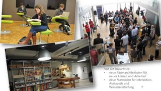 eLearning Summit Thementag bei Zühlke | 25.10.17 | © CREALOGIX 18
Vor Ort braucht es:
• neue Raumarchitekturen für
neues Lernen und Arbeiten
• neue Methoden für Interaktion,
Austausch und
Wissensvertiefung
 