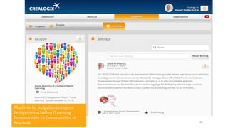 eLearning Summit Thementag bei Zühlke | 25.10.17 | © CREALOGIX 21
Moderierte, aufgabenbezogene
Lerngemeinschaften (Learning
Communities -> Communities of
Practice)
 