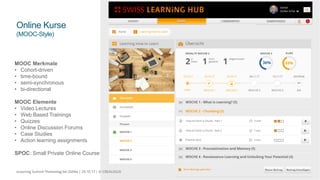 22
Online Kurse
(MOOC-Style)
MOOC Merkmale
• Cohort-driven
• time-bound
• semi-synchronous
• bi-directional
MOOC Elemente
• Video Lectures
• Web Based Trainings
• Quizzes
• Online Discussion Forums
• Case Studies
• Action learning assignments
SPOC: Small Private Online Course
eLearning Summit Thementag bei Zühlke | 25.10.17 | © CREALOGIX
 