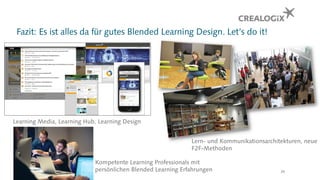 Fazit: Es ist alles da für gutes Blended Learning Design. Let’s do it!
35
Learning Media, Learning Hub, Learning Design
Lern- und Kommunikationsarchitekturen, neue
F2F-Methoden
Kompetente Learning Professionals mit
persönlichen Blended Learning Erfahrungen
 