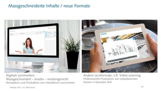 Massgeschneiderte Inhalte / neue Formate
Digitale Lernmedien
Massgeschneidert – kreativ – mediengerecht
Konzeption und Produktion von interaktiven Lernmedien
Andere Lernformate; z.B. Video Learning
Professionelle Produktion von videobasierten
Kursen in kürzester Zeit.
54Oktober 2017 | © CREALOGIX
 