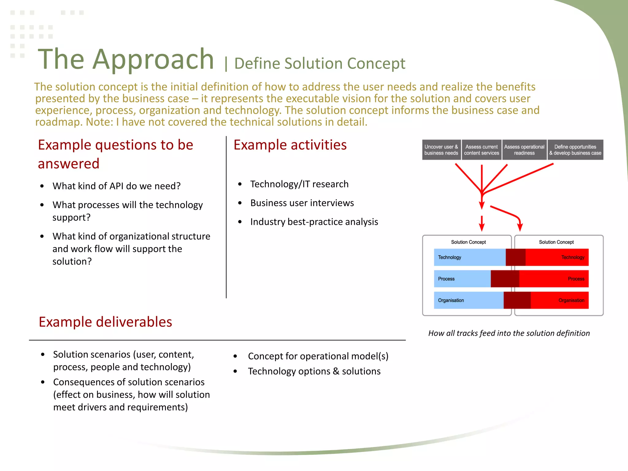 The Approach | Define Solution Concept
The solution concept is the initial definition of how to address the user needs and realize the benefits
presented by the business case – it represents the executable vision for the solution and covers user
experience, process, organization and technology. The solution concept informs the business case and
roadmap. Note: I have not covered the technical solutions in detail.

Example questions to be
answered

Example activities

• What kind of API do we need?

• Technology/IT research

• What processes will the technology
support?

• Business user interviews
• Industry best-practice analysis

• What kind of organizational structure
and work flow will support the
solution?

Example deliverables
• Solution scenarios (user, content,
process, people and technology)
• Consequences of solution scenarios
(effect on business, how will solution
meet drivers and requirements)

How all tracks feed into the solution definition

• Concept for operational model(s)
• Technology options & solutions

 