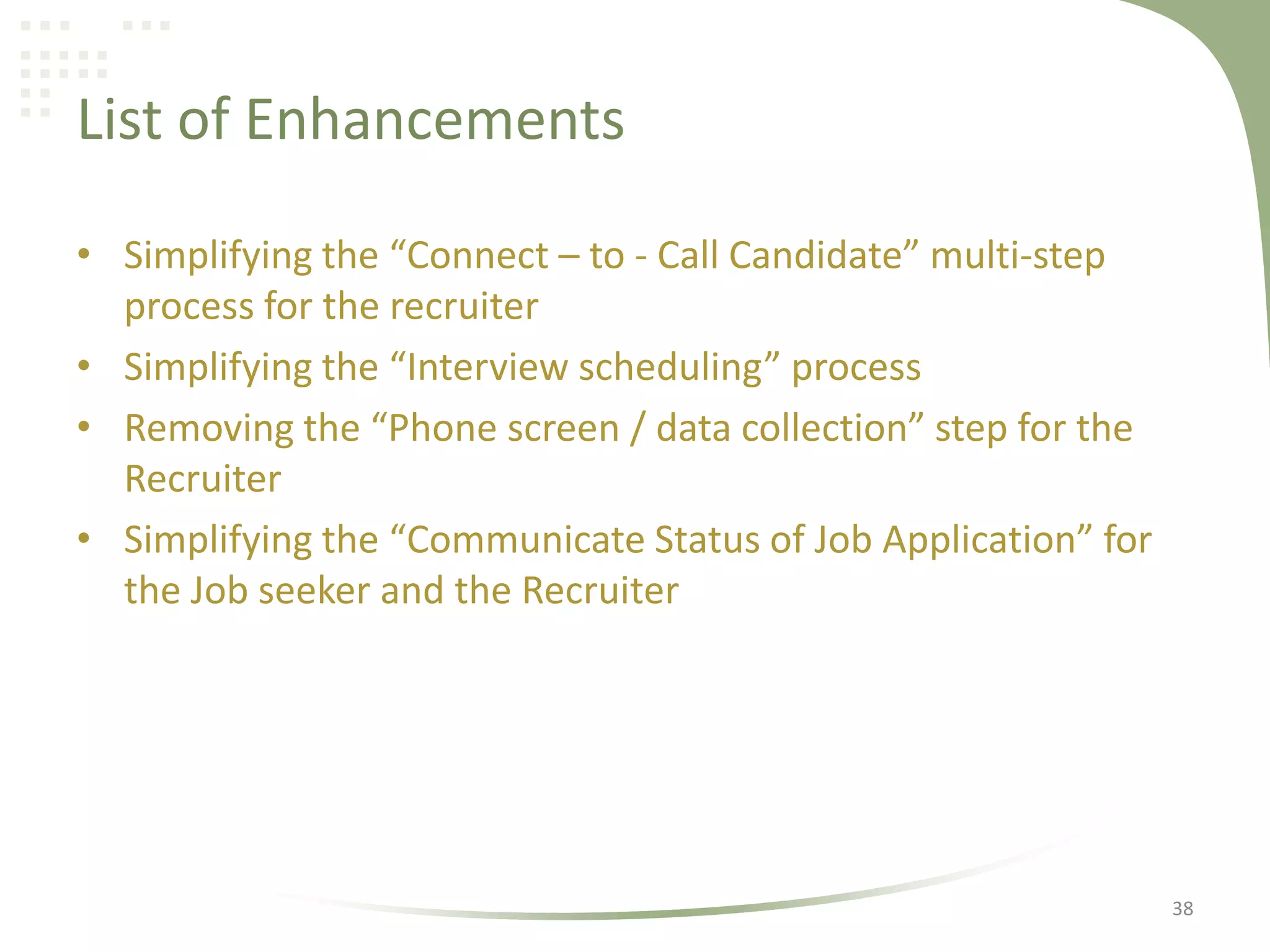List of Enhancements
• Simplifying the “Connect – to - Call Candidate” multi-step
process for the recruiter
• Simplifying the “Interview scheduling” process
• Removing the “Phone screen / data collection” step for the
Recruiter
• Simplifying the “Communicate Status of Job Application” for
the Job seeker and the Recruiter

38

 