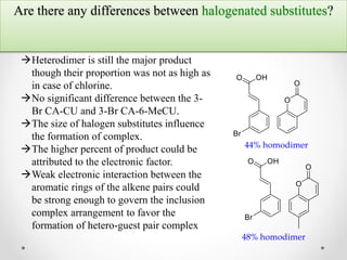 Are there any differences between halogenated substitutes?
44% homodimer
48% homodimer
Heterodimer is still the major product
though their proportion was not as high as
in case of chlorine.
No significant difference between the 3-
Br CA-CU and 3-Br CA-6-MeCU.
The size of halogen substitutes influence
the formation of complex.
The higher percent of product could be
attributed to the electronic factor.
Weak electronic interaction between the
aromatic rings of the alkene pairs could
be strong enough to govern the inclusion
complex arrangement to favor the
formation of hetero-guest pair complex
 