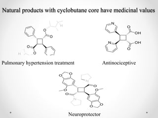 Natural products with cyclobutane core have medicinal values
AntinociceptivePulmonary hypertension treatment
Neuroprotector
 