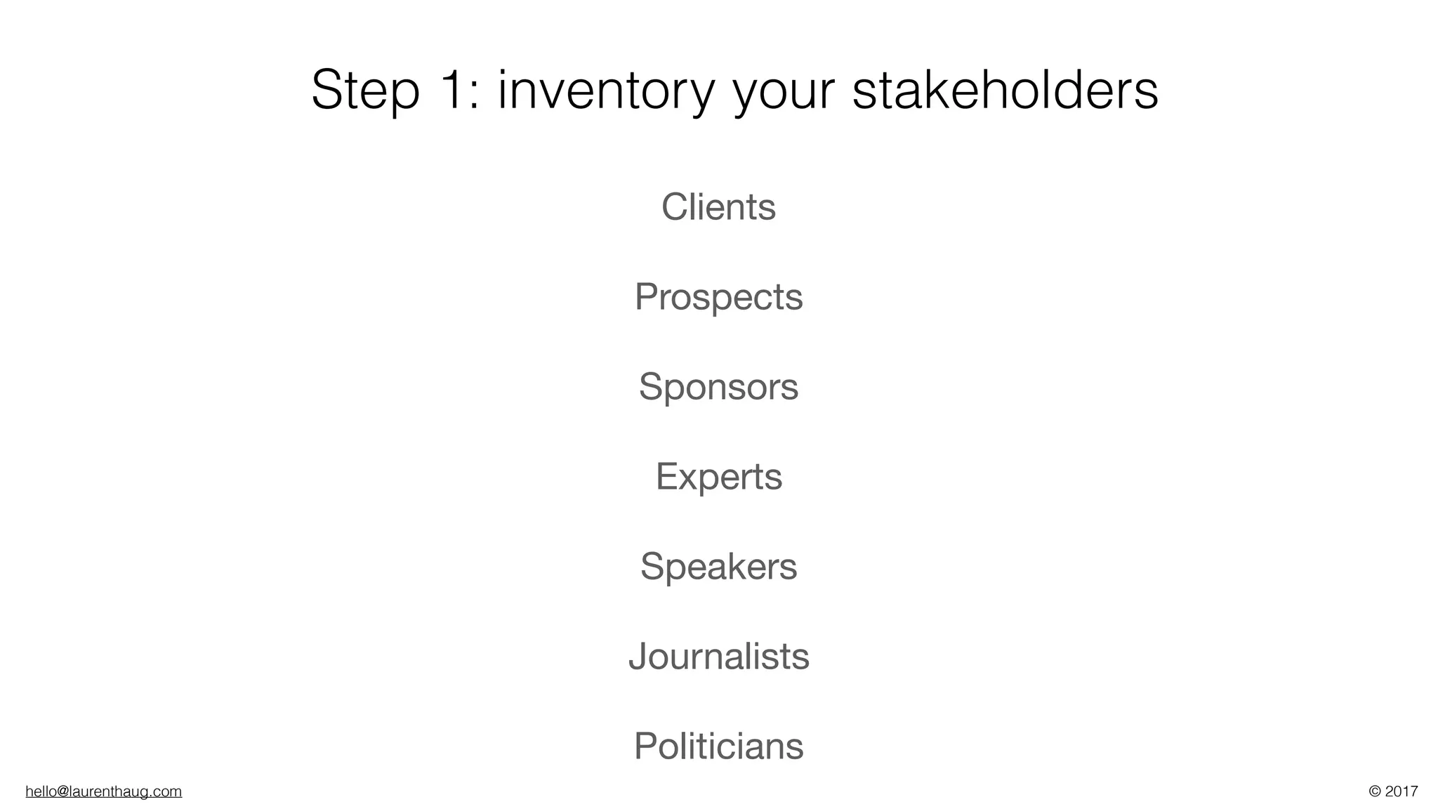 hello@laurenthaug.com © 2017
Clients

Prospects

Sponsors

Experts

Speakers

Journalists

Politicians
Step 1: inventory your stakeholders
 