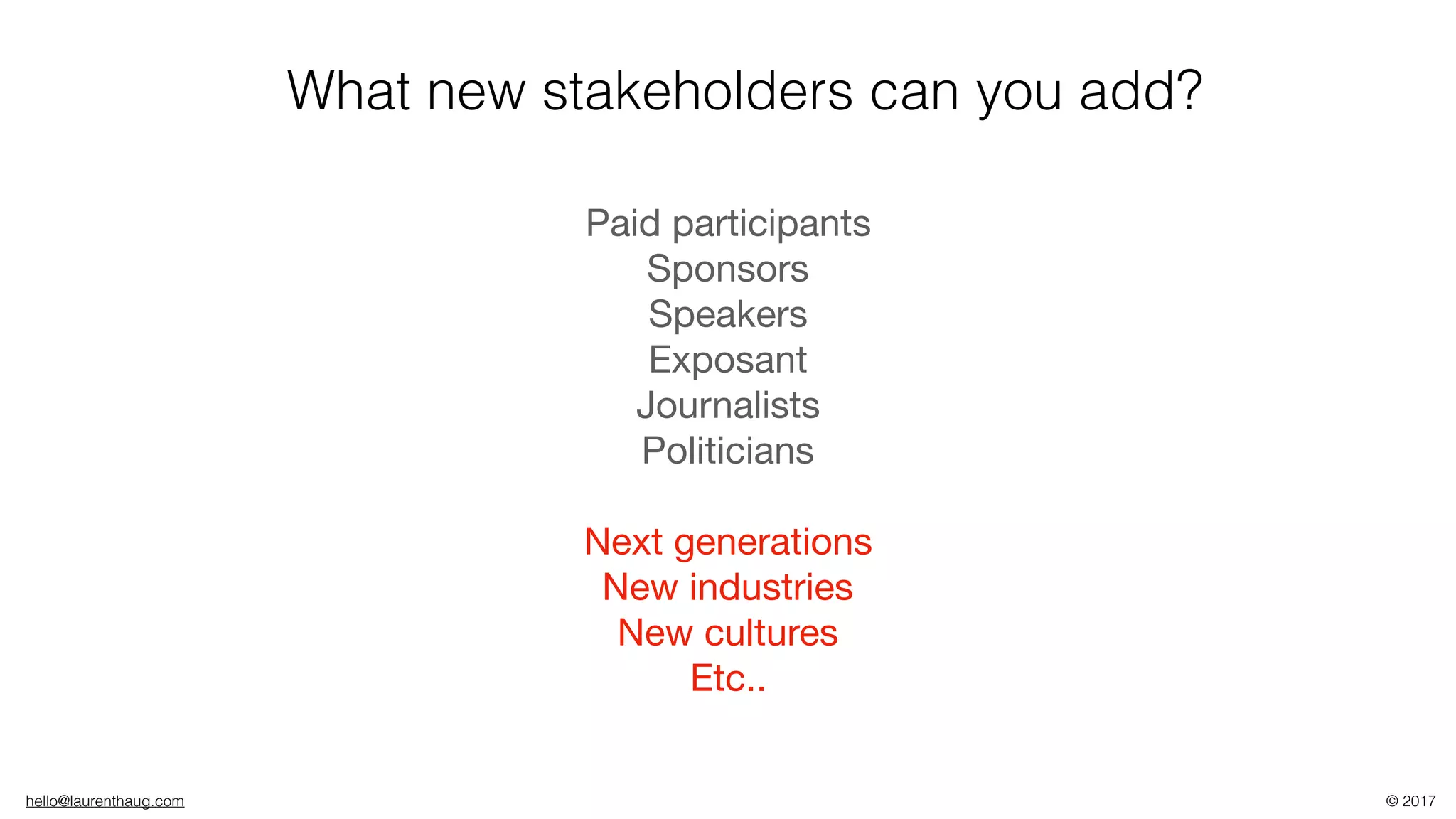 hello@laurenthaug.com © 2017
Paid participants

Sponsors

Speakers

Exposant

Journalists

Politicians

Next generations 
New industries

New cultures 
Etc..
What new stakeholders can you add?
 
