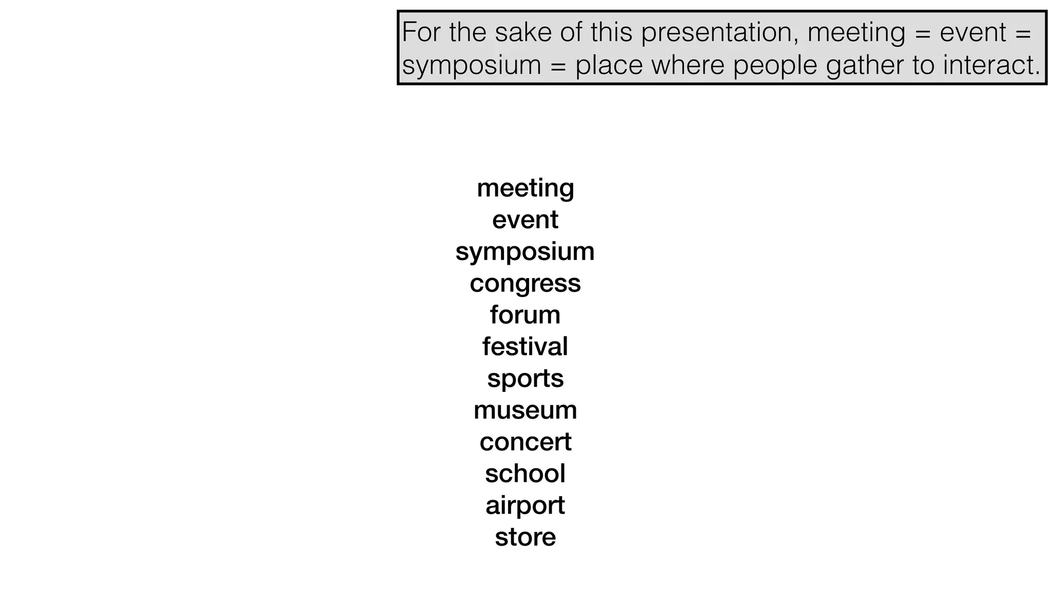 meeting
event
symposium
congress
forum
festival
sports
museum
concert
school
airport
store
For the sake of this presentation, meeting = event =
symposium = place where people gather to interact.
 