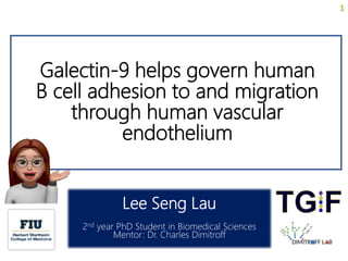Galectin-9 helps govern human
B cell adhesion to and migration
through human vascular
endothelium
Lee Seng Lau
2nd year PhD Student in Biomedical Sciences
Mentor: Dr. Charles Dimitroff
1
 