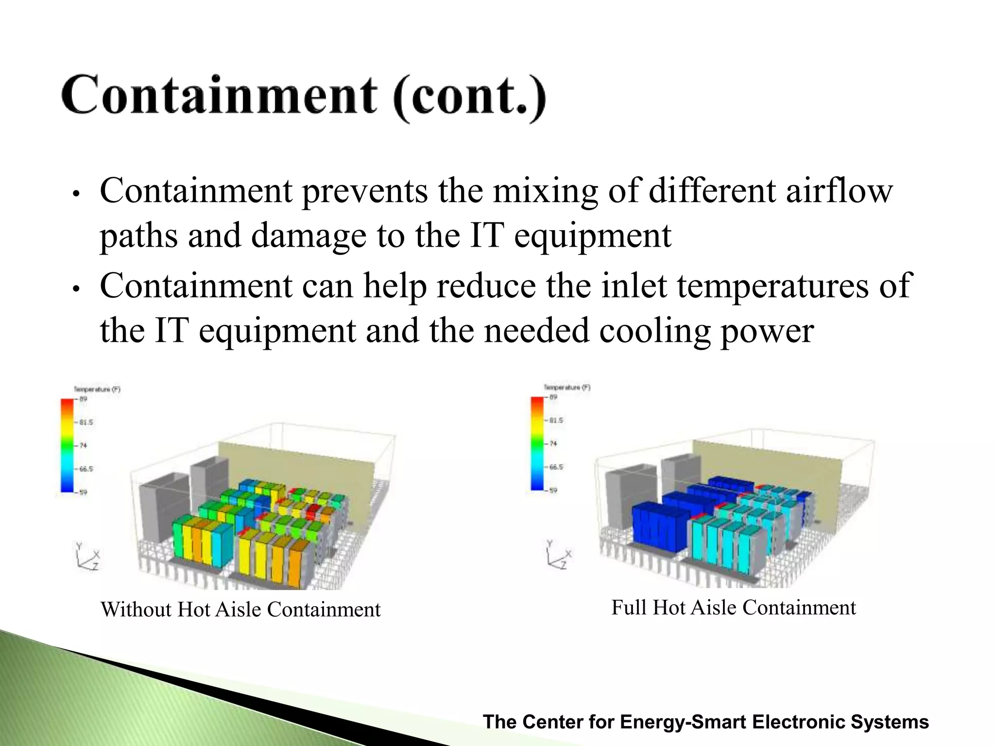 The Center for Energy-Smart Electronic Systems
• Containment prevents the mixing of different airflow
paths and damage to the IT equipment
• Containment can help reduce the inlet temperatures of
the IT equipment and the needed cooling power
Without Hot Aisle Containment Full Hot Aisle Containment
 