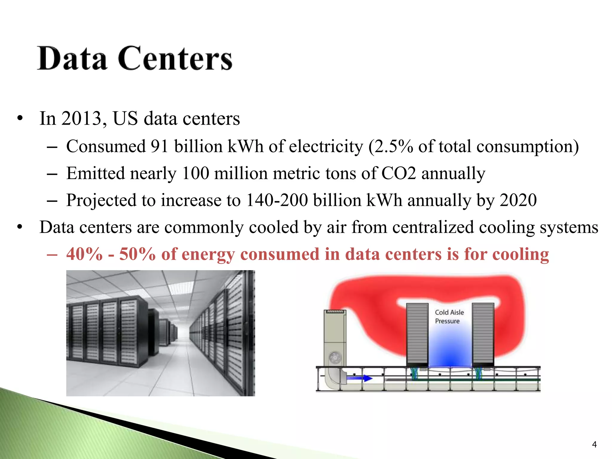 4
• In 2013, US data centers
– Consumed 91 billion kWh of electricity (2.5% of total consumption)
– Emitted nearly 100 million metric tons of CO2 annually
– Projected to increase to 140-200 billion kWh annually by 2020
• Data centers are commonly cooled by air from centralized cooling systems
– 40% - 50% of energy consumed in data centers is for cooling
 