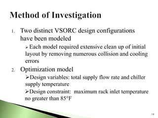 1. Two distinct VSORC design configurations
have been modeled
 Each model required extensive clean up of initial
layout by removing numerous collision and cooling
errors
2. Optimization model
Design variables: total supply flow rate and chiller
supply temperature
Design constraint: maximum rack inlet temperature
no greater than 85°F
14
 