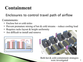 8
Enclosures to control travel path of airflow
CRAH
Containments:
• Enclose hot or cold aisles
• Prevent premature mixing of hot & cold streams – reduce cooling load
• Requires racks layout & height uniformity
• Are difficult to install and remove
Both hot & cold containment strategies
were investigated
 