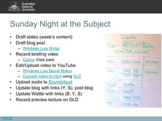 Sunday Night at the Subject
    • Draft slides (week’s content)
    • Draft blog post
          – Windows Live Writer
    • Record briefing video
          – Canon Vixia pack
    • Edit/Upload video to YouTube
          – Windows Live Movie Maker
          – Convert video to mp3 using VLC
    •    Upload audio to Soundcloud
    •    Update blog with links (Y, S), post blog
    •    Update Wattle with links (B, Y, S)
    •    Record preview lecture on DLD



Plan B
 