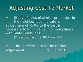 Adjusting Cost To Market Study of sales of similar properties  in  the neighborhood indicate an  adjustment of -14% to the cost is  necessary to bring value into compliance with State Guidelines.  (The adjustment for 2009 was -9%) This is referred to as the Market  Adjustment: $112,900 