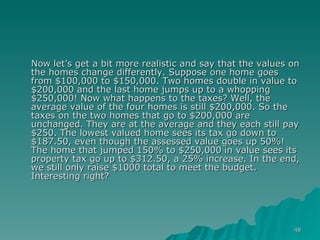 Now let’s get a bit more realistic and say that the values on the homes change differently. Suppose one home goes from $100,000 to $150,000. Two homes double in value to $200,000 and the last home jumps up to a whopping $250,000! Now what happens to the taxes? Well, the average value of the four homes is still $200,000. So the taxes on the two homes that go to $200,000 are unchanged. They are at the average and they each still pay $250. The lowest valued home sees its tax go down to $187.50, even though the assessed value goes up 50%! The home that jumped 150% to $250,000 in value sees its property tax go up to $312.50, a 25% increase. In the end, we still only raise $1000 total to meet the budget. Interesting right? 