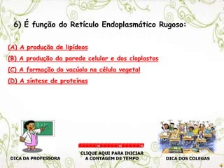 DICA DA PROFESSORA DICA DOS COLEGAS
CLIQUE AQUI PARA INICIAR
A CONTAGEM DE TEMPO
30 60 90
6) É função do Retículo Endoplasmático Rugoso:
(A) A produção de lipídeos
(B) A produção da parede celular e dos cloplastos
(C) A formação do vacúolo na célula vegetal
(D) A síntese de proteínas
 