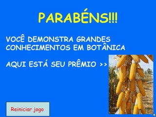 VOCÊ DEMONSTRA GRANDES
CONHECIMENTOS EM BOTÂNICA
AQUI ESTÁ SEU PRÊMIO >>
PARABÉNS!!!
Reiniciar jogo
 