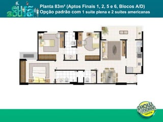 FICHA TÉCNICA ENDEREÇO : QI 19, Lotes 13, 15, 17, 19, 21, 23, 25, 27, 29, 31, 33, 35, 37, 39 e 41, Taguatinga - DF. ÁREA DO TERRENO : 11.043,00m² NÚMERO DE TORRES : 4 torres residenciais NÚMERO DE PAVIMENTOS :  Torres A e D: 02 subsolos, 01 térreo e 19 pavimentos tipo  Torres B e C: 02 subsolos, 01 térreo e 23 pavimentos tipo  UNIDADES POR PAVIMENTO : 04 unidades de 3Q e 02 unidades de 2Q NÚMERO DE ELEVADORES :  Torres A e D: 03  Torres B e C: 03 + 01 de emergência  NÚMERO DE VAGAS : 514 Área privativa : 62m² (2 quartos) / 81 a 87m² (3 quartos) Total de unidades : 504 unidades, sendo 168 de 2 quartos e 336 de 3 quartos Planta 83m² (Aptos Finais 1, 2, 5 e 6, Blocos A/D) Opção padrão com  1 suíte plena e 2 suítes americanas 