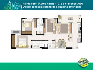 FICHA TÉCNICA ENDEREÇO : QI 19, Lotes 13, 15, 17, 19, 21, 23, 25, 27, 29, 31, 33, 35, 37, 39 e 41, Taguatinga - DF. ÁREA DO TERRENO : 11.043,00m² NÚMERO DE TORRES : 4 torres residenciais NÚMERO DE PAVIMENTOS :  Torres A e D: 02 subsolos, 01 térreo e 19 pavimentos tipo  Torres B e C: 02 subsolos, 01 térreo e 23 pavimentos tipo  UNIDADES POR PAVIMENTO : 04 unidades de 3Q e 02 unidades de 2Q NÚMERO DE ELEVADORES :  Torres A e D: 03  Torres B e C: 03 + 01 de emergência  NÚMERO DE VAGAS : 514 Área privativa : 62m² (2 quartos) / 81 a 87m² (3 quartos) Total de unidades : 504 unidades, sendo 168 de 2 quartos e 336 de 3 quartos Planta 83m² (Aptos Finais 1, 2, 5 e 6, Blocos A/D) Opção com sala estendida e cozinha americana 