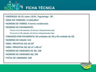 FICHA TÉCNICA ENDEREÇO: QI 19, Lotes 13/41, Taguatinga - DF.  ÁREA DO TERRENO: 11.043,00m² NÚMERO DE TORRES: 4 torres residenciais NÚMERO DE PAVIMENTOS: Torres A e D: 02 subsolos, 01 térreo e 19 pavimentos tipo Torres B e C: 02 subsolos, 01 térreo e 23 pavimentos tipo  UNIDADES POR PAVIMENTO: 04 unidades de 3Q e 02 unidade de 2Q NÚMERO DE VAGAS: 514 ÁREA  PRIVATIVA 2Q: 62 M² ÁREA  PRIVATIVA 3Q: 82 m² a 89 m² NÚMERO DE UNIDADES DE 2Q: 168 NÚMERO DE UNIDADES 3Q: 336 TOTAL DE UNIDADES: 504 
