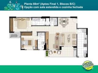 FICHA TÉCNICA ENDEREÇO : QI 19, Lotes 13, 15, 17, 19, 21, 23, 25, 27, 29, 31, 33, 35, 37, 39 e 41, Taguatinga - DF. ÁREA DO TERRENO : 11.043,00m² NÚMERO DE TORRES : 4 torres residenciais NÚMERO DE PAVIMENTOS :  Torres A e D: 02 subsolos, 01 térreo e 19 pavimentos tipo  Torres B e C: 02 subsolos, 01 térreo e 23 pavimentos tipo  UNIDADES POR PAVIMENTO : 04 unidades de 3Q e 02 unidades de 2Q NÚMERO DE ELEVADORES :  Torres A e D: 03  Torres B e C: 03 + 01 de emergência  NÚMERO DE VAGAS : 514 Área privativa : 62m² (2 quartos) / 81 a 87m² (3 quartos) Total de unidades : 504 unidades, sendo 168 de 2 quartos e 336 de 3 quartos Planta 88m² (Aptos Final 1, Blocos B/C)  Opção com sala estendida e cozinha fechada 