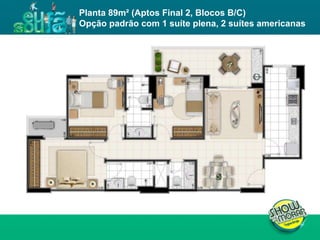 FICHA TÉCNICA ENDEREÇO : QI 19, Lotes 13, 15, 17, 19, 21, 23, 25, 27, 29, 31, 33, 35, 37, 39 e 41, Taguatinga - DF. ÁREA DO TERRENO : 11.043,00m² NÚMERO DE TORRES : 4 torres residenciais NÚMERO DE PAVIMENTOS :  Torres A e D: 02 subsolos, 01 térreo e 19 pavimentos tipo  Torres B e C: 02 subsolos, 01 térreo e 23 pavimentos tipo  UNIDADES POR PAVIMENTO : 04 unidades de 3Q e 02 unidades de 2Q NÚMERO DE ELEVADORES :  Torres A e D: 03  Torres B e C: 03 + 01 de emergência  NÚMERO DE VAGAS : 514 Área privativa : 62m² (2 quartos) / 81 a 87m² (3 quartos) Total de unidades : 504 unidades, sendo 168 de 2 quartos e 336 de 3 quartos Planta 89m² (Aptos Final 2, Blocos B/C)  Opção padrão com 1 suíte plena, 2 suítes americanas  