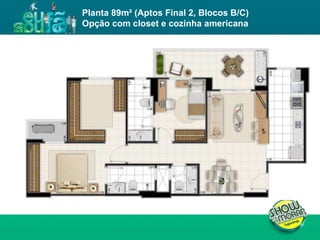 FICHA TÉCNICA ENDEREÇO : QI 19, Lotes 13, 15, 17, 19, 21, 23, 25, 27, 29, 31, 33, 35, 37, 39 e 41, Taguatinga - DF. ÁREA DO TERRENO : 11.043,00m² NÚMERO DE TORRES : 4 torres residenciais NÚMERO DE PAVIMENTOS :  Torres A e D: 02 subsolos, 01 térreo e 19 pavimentos tipo  Torres B e C: 02 subsolos, 01 térreo e 23 pavimentos tipo  UNIDADES POR PAVIMENTO : 04 unidades de 3Q e 02 unidades de 2Q NÚMERO DE ELEVADORES :  Torres A e D: 03  Torres B e C: 03 + 01 de emergência  NÚMERO DE VAGAS : 514 Área privativa : 62m² (2 quartos) / 81 a 87m² (3 quartos) Total de unidades : 504 unidades, sendo 168 de 2 quartos e 336 de 3 quartos Planta 89m² (Aptos Final 2, Blocos B/C)  Opção com closet e cozinha americana 
