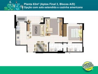 FICHA TÉCNICA ENDEREÇO : QI 19, Lotes 13, 15, 17, 19, 21, 23, 25, 27, 29, 31, 33, 35, 37, 39 e 41, Taguatinga - DF. ÁREA DO TERRENO : 11.043,00m² NÚMERO DE TORRES : 4 torres residenciais NÚMERO DE PAVIMENTOS :  Torres A e D: 02 subsolos, 01 térreo e 19 pavimentos tipo  Torres B e C: 02 subsolos, 01 térreo e 23 pavimentos tipo  UNIDADES POR PAVIMENTO : 04 unidades de 3Q e 02 unidades de 2Q NÚMERO DE ELEVADORES :  Torres A e D: 03  Torres B e C: 03 + 01 de emergência  NÚMERO DE VAGAS : 514 Área privativa : 62m² (2 quartos) / 81 a 87m² (3 quartos) Total de unidades : 504 unidades, sendo 168 de 2 quartos e 336 de 3 quartos Planta 63m² (Aptos Final 3, Blocos A/D) Opção com sala estendida e cozinha americana 