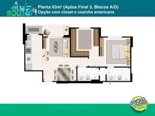 FICHA TÉCNICA ENDEREÇO : QI 19, Lotes 13, 15, 17, 19, 21, 23, 25, 27, 29, 31, 33, 35, 37, 39 e 41, Taguatinga - DF. ÁREA DO TERRENO : 11.043,00m² NÚMERO DE TORRES : 4 torres residenciais NÚMERO DE PAVIMENTOS :  Torres A e D: 02 subsolos, 01 térreo e 19 pavimentos tipo  Torres B e C: 02 subsolos, 01 térreo e 23 pavimentos tipo  UNIDADES POR PAVIMENTO : 04 unidades de 3Q e 02 unidades de 2Q NÚMERO DE ELEVADORES :  Torres A e D: 03  Torres B e C: 03 + 01 de emergência  NÚMERO DE VAGAS : 514 Área privativa : 62m² (2 quartos) / 81 a 87m² (3 quartos) Total de unidades : 504 unidades, sendo 168 de 2 quartos e 336 de 3 quartos Planta 63m² (Aptos Final 3, Blocos A/D) Opção com closet e cozinha americana 