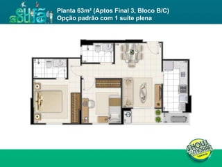 FICHA TÉCNICA ENDEREÇO : QI 19, Lotes 13, 15, 17, 19, 21, 23, 25, 27, 29, 31, 33, 35, 37, 39 e 41, Taguatinga - DF. ÁREA DO TERRENO : 11.043,00m² NÚMERO DE TORRES : 4 torres residenciais NÚMERO DE PAVIMENTOS :  Torres A e D: 02 subsolos, 01 térreo e 19 pavimentos tipo  Torres B e C: 02 subsolos, 01 térreo e 23 pavimentos tipo  UNIDADES POR PAVIMENTO : 04 unidades de 3Q e 02 unidades de 2Q NÚMERO DE ELEVADORES :  Torres A e D: 03  Torres B e C: 03 + 01 de emergência  NÚMERO DE VAGAS : 514 Área privativa : 62m² (2 quartos) / 81 a 87m² (3 quartos) Total de unidades : 504 unidades, sendo 168 de 2 quartos e 336 de 3 quartos Planta 63m² (Aptos Final 3, Bloco B/C)  Opção padrão com 1 suíte plena  