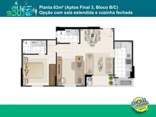 FICHA TÉCNICA ENDEREÇO : QI 19, Lotes 13, 15, 17, 19, 21, 23, 25, 27, 29, 31, 33, 35, 37, 39 e 41, Taguatinga - DF. ÁREA DO TERRENO : 11.043,00m² NÚMERO DE TORRES : 4 torres residenciais NÚMERO DE PAVIMENTOS :  Torres A e D: 02 subsolos, 01 térreo e 19 pavimentos tipo  Torres B e C: 02 subsolos, 01 térreo e 23 pavimentos tipo  UNIDADES POR PAVIMENTO : 04 unidades de 3Q e 02 unidades de 2Q NÚMERO DE ELEVADORES :  Torres A e D: 03  Torres B e C: 03 + 01 de emergência  NÚMERO DE VAGAS : 514 Área privativa : 62m² (2 quartos) / 81 a 87m² (3 quartos) Total de unidades : 504 unidades, sendo 168 de 2 quartos e 336 de 3 quartos Planta 63m² (Aptos Final 3, Bloco B/C)  Opção com sala estendida e cozinha fechada 