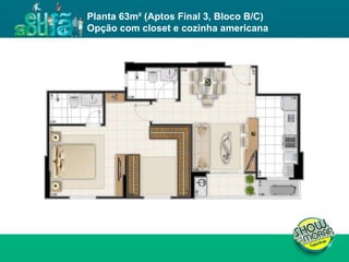 FICHA TÉCNICA ENDEREÇO : QI 19, Lotes 13, 15, 17, 19, 21, 23, 25, 27, 29, 31, 33, 35, 37, 39 e 41, Taguatinga - DF. ÁREA DO TERRENO : 11.043,00m² NÚMERO DE TORRES : 4 torres residenciais NÚMERO DE PAVIMENTOS :  Torres A e D: 02 subsolos, 01 térreo e 19 pavimentos tipo  Torres B e C: 02 subsolos, 01 térreo e 23 pavimentos tipo  UNIDADES POR PAVIMENTO : 04 unidades de 3Q e 02 unidades de 2Q NÚMERO DE ELEVADORES :  Torres A e D: 03  Torres B e C: 03 + 01 de emergência  NÚMERO DE VAGAS : 514 Área privativa : 62m² (2 quartos) / 81 a 87m² (3 quartos) Total de unidades : 504 unidades, sendo 168 de 2 quartos e 336 de 3 quartos Planta 63m² (Aptos Final 3, Bloco B/C)  Opção com closet e cozinha americana 