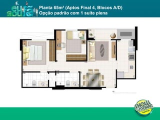 FICHA TÉCNICA ENDEREÇO : QI 19, Lotes 13, 15, 17, 19, 21, 23, 25, 27, 29, 31, 33, 35, 37, 39 e 41, Taguatinga - DF. ÁREA DO TERRENO : 11.043,00m² NÚMERO DE TORRES : 4 torres residenciais NÚMERO DE PAVIMENTOS :  Torres A e D: 02 subsolos, 01 térreo e 19 pavimentos tipo  Torres B e C: 02 subsolos, 01 térreo e 23 pavimentos tipo  UNIDADES POR PAVIMENTO : 04 unidades de 3Q e 02 unidades de 2Q NÚMERO DE ELEVADORES :  Torres A e D: 03  Torres B e C: 03 + 01 de emergência  NÚMERO DE VAGAS : 514 Área privativa : 62m² (2 quartos) / 81 a 87m² (3 quartos) Total de unidades : 504 unidades, sendo 168 de 2 quartos e 336 de 3 quartos Planta 65m² (Aptos Final 4, Blocos A/D) Opção padrão com 1 suíte plena 