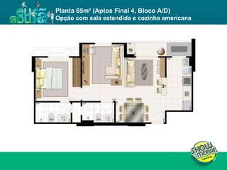 FICHA TÉCNICA ENDEREÇO : QI 19, Lotes 13, 15, 17, 19, 21, 23, 25, 27, 29, 31, 33, 35, 37, 39 e 41, Taguatinga - DF. ÁREA DO TERRENO : 11.043,00m² NÚMERO DE TORRES : 4 torres residenciais NÚMERO DE PAVIMENTOS :  Torres A e D: 02 subsolos, 01 térreo e 19 pavimentos tipo  Torres B e C: 02 subsolos, 01 térreo e 23 pavimentos tipo  UNIDADES POR PAVIMENTO : 04 unidades de 3Q e 02 unidades de 2Q NÚMERO DE ELEVADORES :  Torres A e D: 03  Torres B e C: 03 + 01 de emergência  NÚMERO DE VAGAS : 514 Área privativa : 62m² (2 quartos) / 81 a 87m² (3 quartos) Total de unidades : 504 unidades, sendo 168 de 2 quartos e 336 de 3 quartos Planta 65m² (Aptos Final 4, Bloco A/D) Opção com sala estendida e cozinha americana 