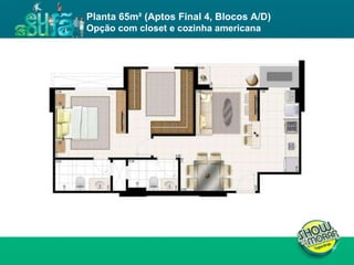 FICHA TÉCNICA ENDEREÇO : QI 19, Lotes 13, 15, 17, 19, 21, 23, 25, 27, 29, 31, 33, 35, 37, 39 e 41, Taguatinga - DF. ÁREA DO TERRENO : 11.043,00m² NÚMERO DE TORRES : 4 torres residenciais NÚMERO DE PAVIMENTOS :  Torres A e D: 02 subsolos, 01 térreo e 19 pavimentos tipo  Torres B e C: 02 subsolos, 01 térreo e 23 pavimentos tipo  UNIDADES POR PAVIMENTO : 04 unidades de 3Q e 02 unidades de 2Q NÚMERO DE ELEVADORES :  Torres A e D: 03  Torres B e C: 03 + 01 de emergência  NÚMERO DE VAGAS : 514 Área privativa : 62m² (2 quartos) / 81 a 87m² (3 quartos) Total de unidades : 504 unidades, sendo 168 de 2 quartos e 336 de 3 quartos Planta 65m² (Aptos Final 4, Blocos A/D) Opção com closet e cozinha americana 