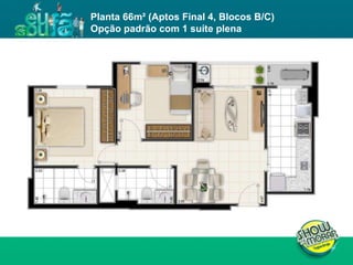 FICHA TÉCNICA ENDEREÇO : QI 19, Lotes 13, 15, 17, 19, 21, 23, 25, 27, 29, 31, 33, 35, 37, 39 e 41, Taguatinga - DF. ÁREA DO TERRENO : 11.043,00m² NÚMERO DE TORRES : 4 torres residenciais NÚMERO DE PAVIMENTOS :  Torres A e D: 02 subsolos, 01 térreo e 19 pavimentos tipo  Torres B e C: 02 subsolos, 01 térreo e 23 pavimentos tipo  UNIDADES POR PAVIMENTO : 04 unidades de 3Q e 02 unidades de 2Q NÚMERO DE ELEVADORES :  Torres A e D: 03  Torres B e C: 03 + 01 de emergência  NÚMERO DE VAGAS : 514 Área privativa : 62m² (2 quartos) / 81 a 87m² (3 quartos) Total de unidades : 504 unidades, sendo 168 de 2 quartos e 336 de 3 quartos Planta 66m² (Aptos Final 4, Blocos B/C)  Opção padrão com 1 suíte plena 